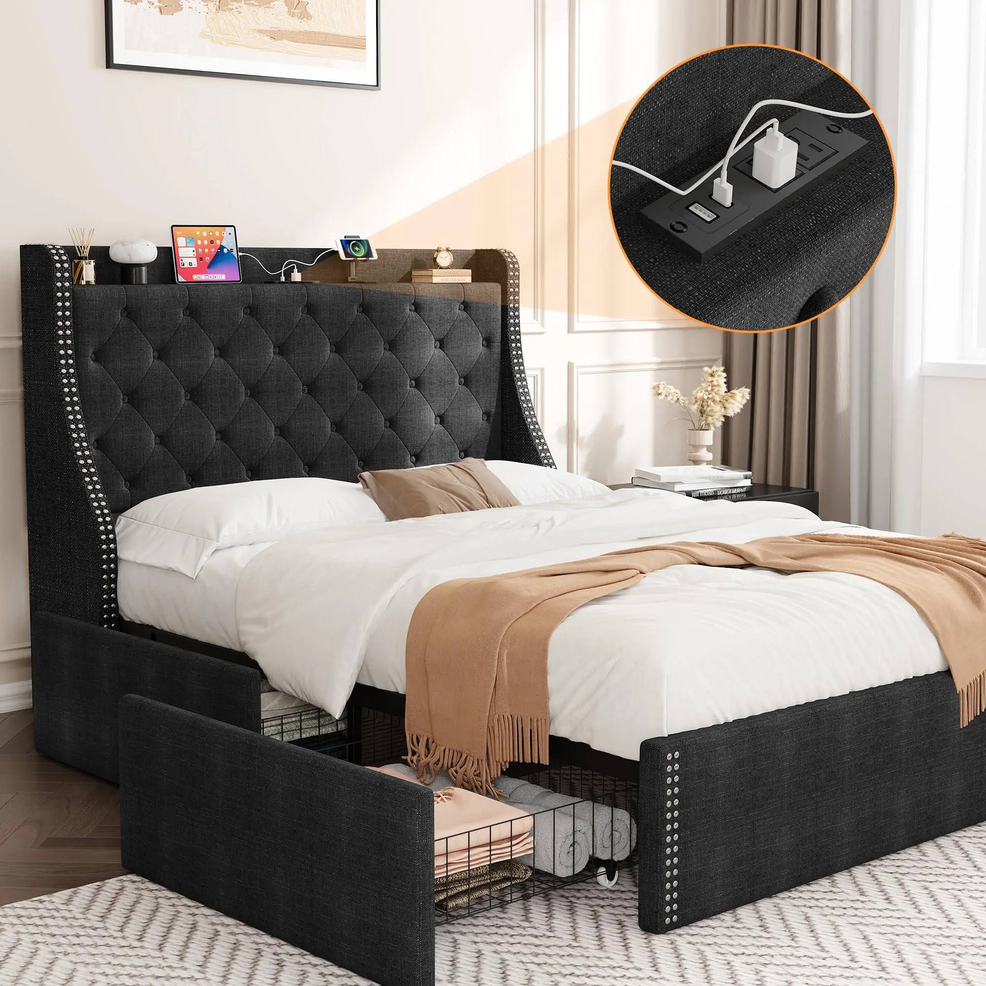 Queen Size Upholstered Platform Bed Frame - Wingback Panel Bed with 4 Storage Drawers and Built-in Charging Station, Queen Size Bed Frame
