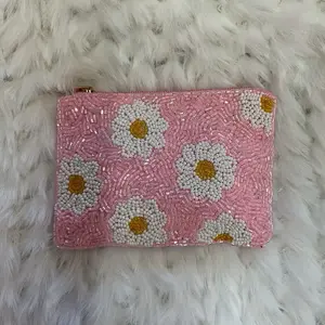 Beaded Coun Purse - Pink Floral Design with Beaded Detailing and Metal Clip Closure