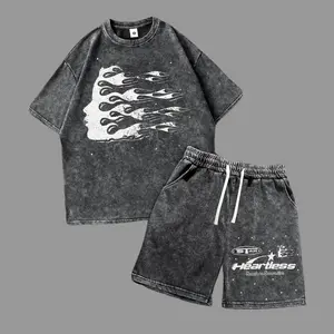 Wash-worn cotton men’s summer streetwear set with unique graphic prints; casual commuting two-piece outfit featuring a crew-neck short-sleeve T-shirt and shorts. Retro 2000s style—ideal for running, golf, fishing, basketball, camping, gym, swimming, and t