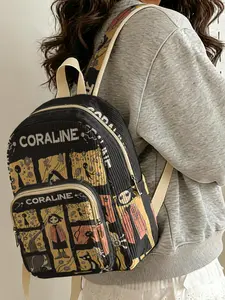 1 piece of character pattern | CORALINE 2D printed ladies' Casual Lightweight Backpack, velvet texture + layered storage + lightweight and easy to carry | perfect for students to go to class/shopping/short trips | combines atmosphere with practicality