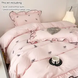 3pcs Embroidered Bow Bedding Set, Includes 1 Fitted Sheet and 2 Pillowcases, Soft Breathable Fabric, All Seasons, Soft Bedding Sets
