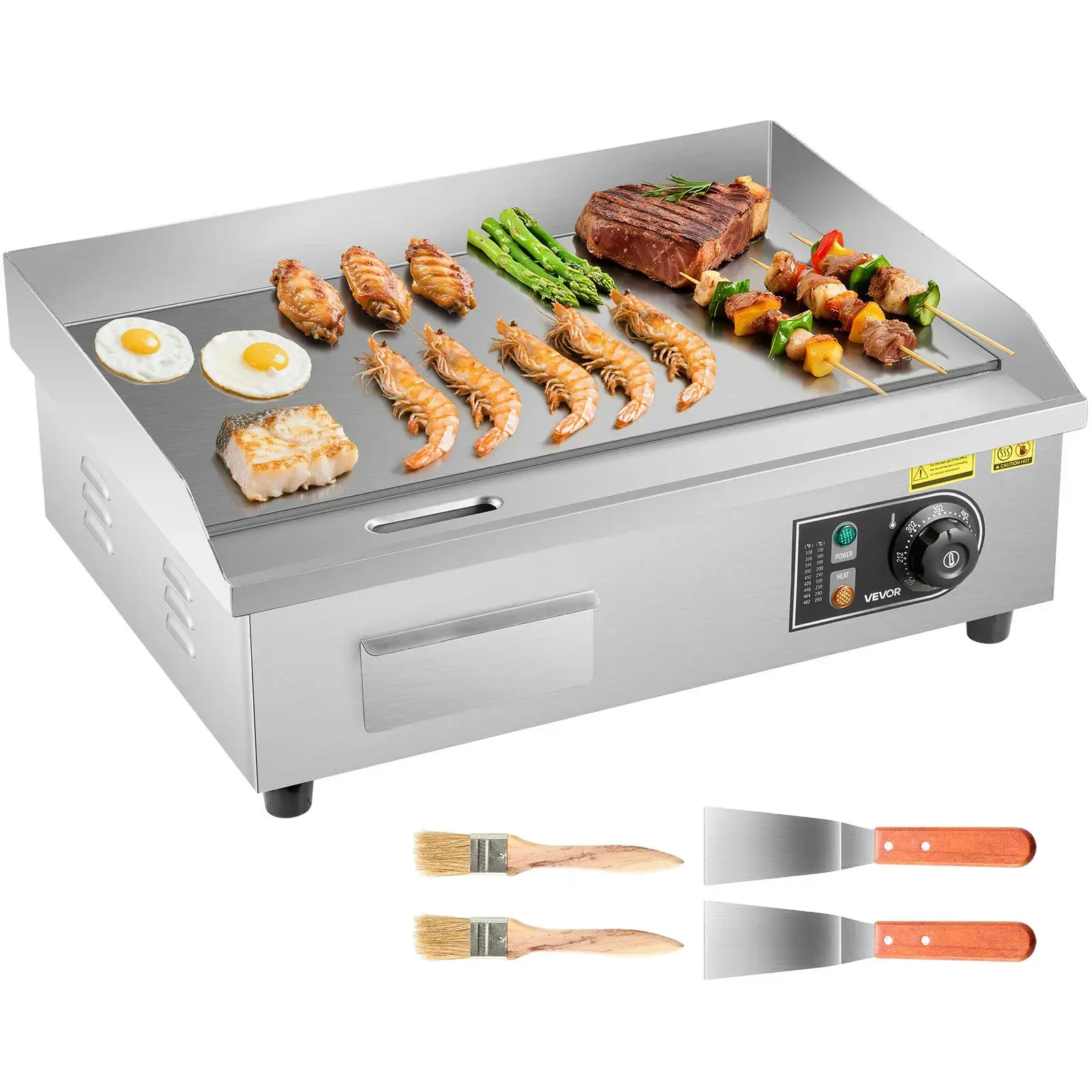 【Summerfinds】VEVOR Commercial Electric Griddle,21.06 x 11.81 inch3200W122-570°F Adjustable Temp ControlStainless Steel BodyFull Flatwith 2 Spatulas2 Brushesand 4 Foot Padsfor SteakPancake