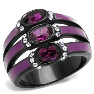 212 MAIN Women's Exquisite Trendy Ring - Black Stainless Steel Base, Top-Grade Amethyst Accent Crystal, Size 6, Three Stone Ring