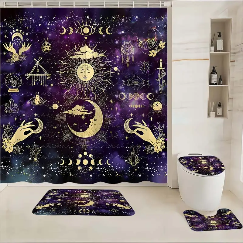 4 piece Mystic Celestial Sun Moon Witchy Galaxy patterned shower curtain, The 4-piece set includes a single shower curtain, anti slip floor mat, toilet U-shaped mat, toilet lid mat, with shower curtain hook, and belongs to bathroom decoration products