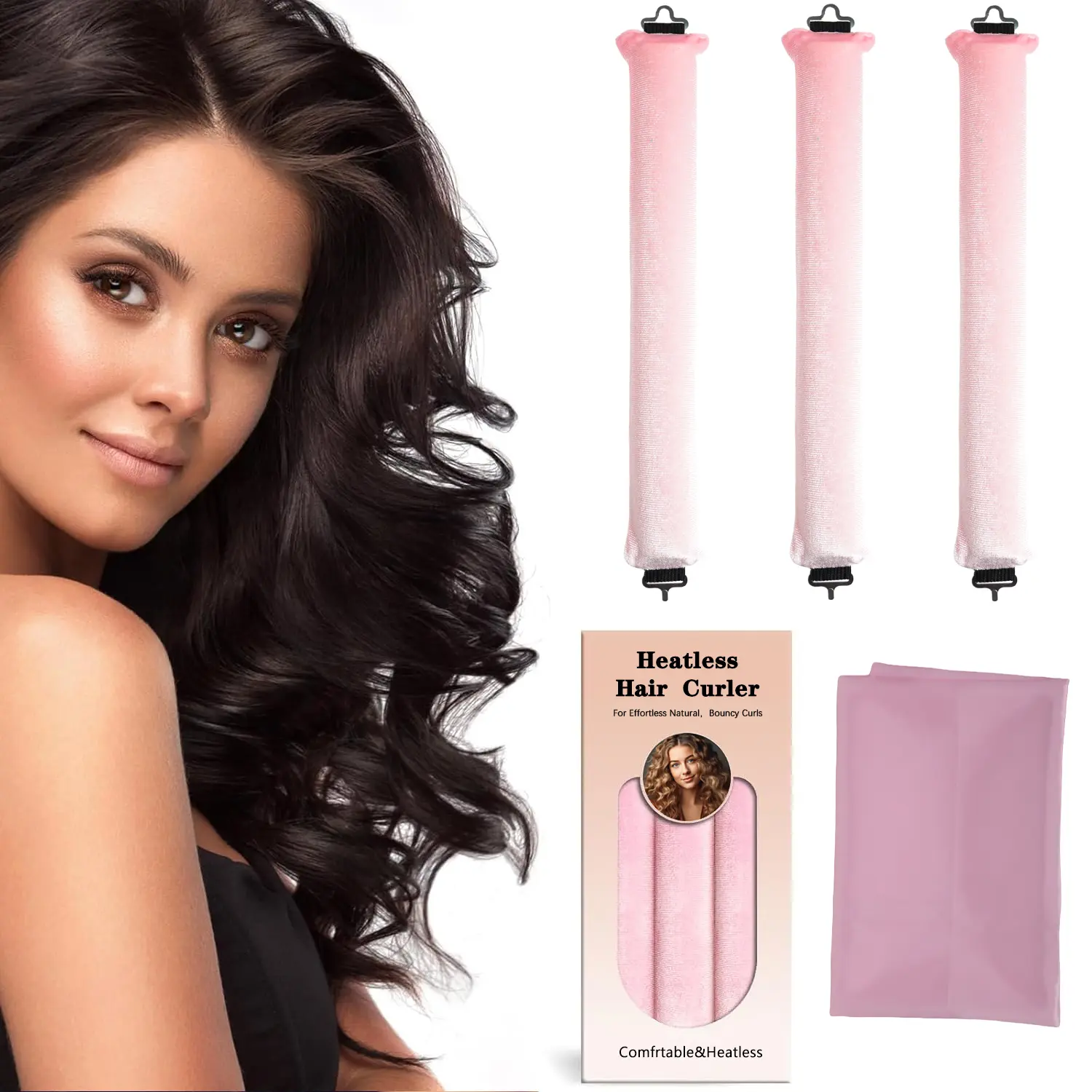 3-Piece Heatless Curl Rods Headbands with Hook System - Velvet Soft, Satin Scarf for Nighttime Use, Wake to Bouncy, Damage-Free Heatless Blowout, All Hair Types