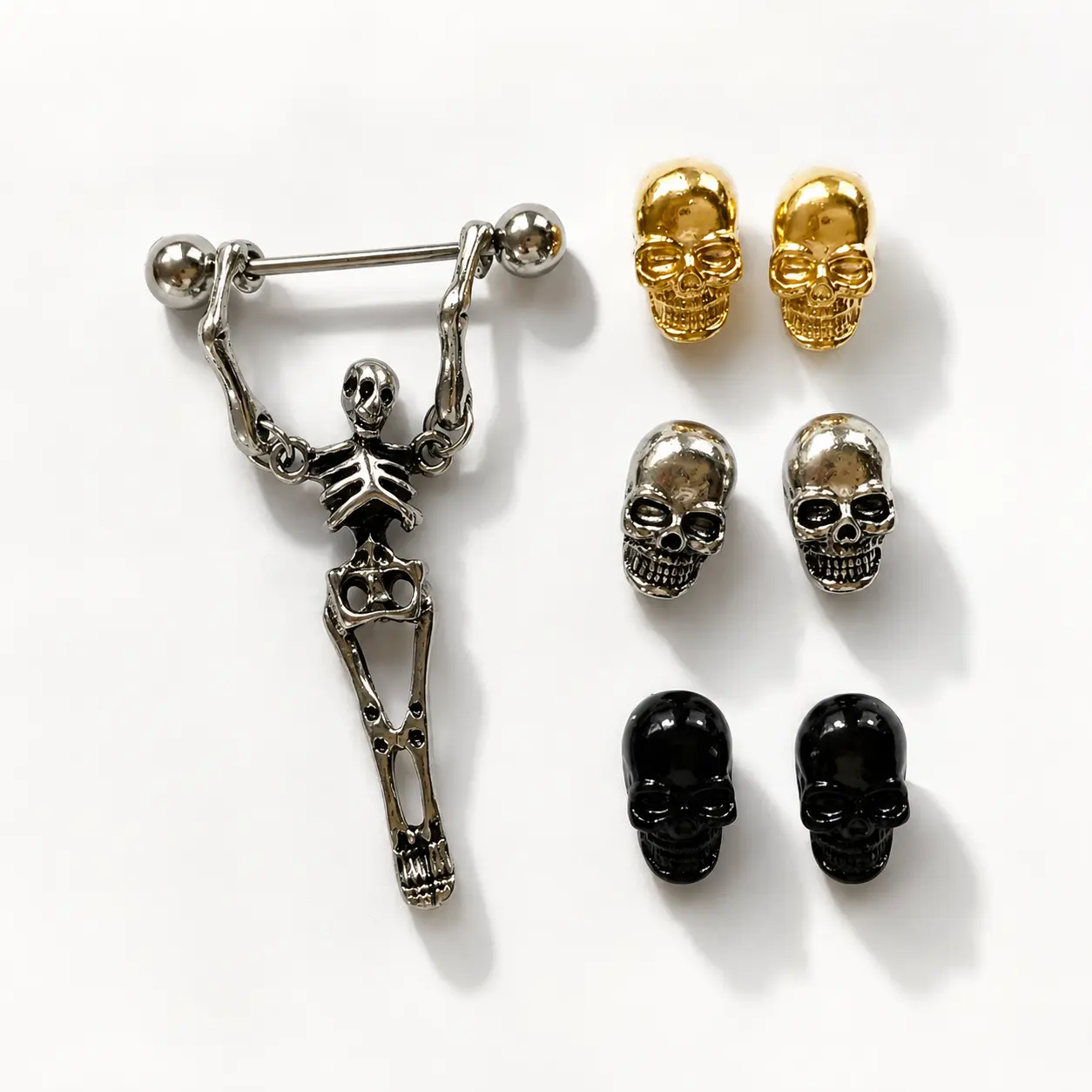 4PCS Gothic Skull Earring Set, Stainless Steel Skeleton Dangle Industrial Barbell Earring with Gold Silver Black Skull Studs, Punk Rock Unisex Jewelry Gift for Women Men, Perfect for Parties Concerts Daily Wear