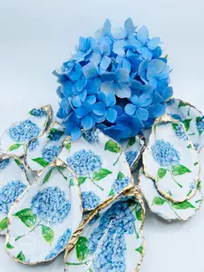 Hydrangea Seashell Jewelry Dish & Soap Dish - Blue Floral Design with Gold Trim for Elegant Home Decor
