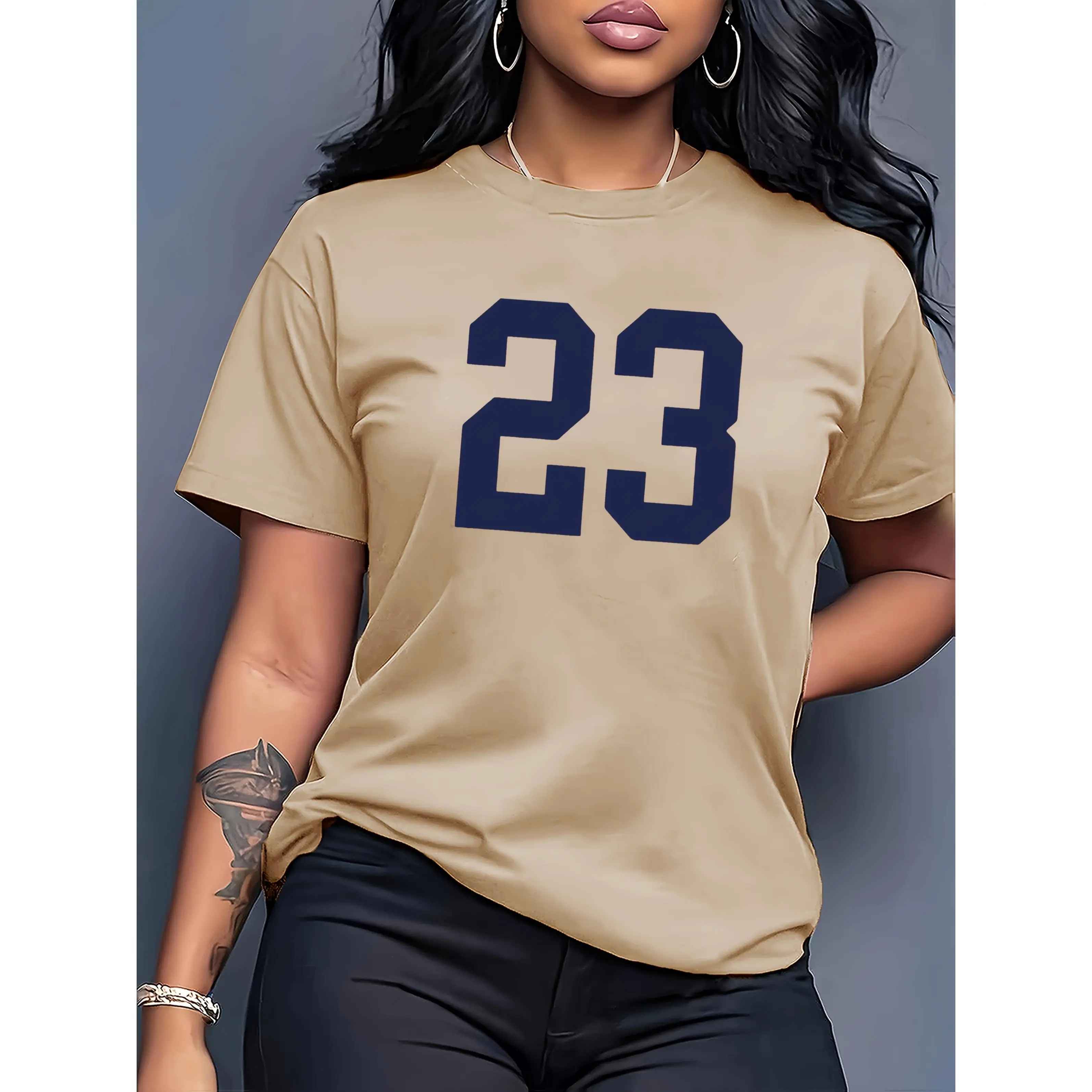 100% Cotton Women's Casual '23' Pattern T-Shirt, Soft Pink Round Neck Short Sleeve Top, Stylish Drawstring Detail, Comfortable Pattern Printed Tee, Suitable for All Seasons Daily Casual Wear