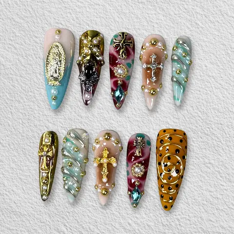 Pressmeon Handmade Press-on Nails | Holy Glory | Long Stiletto Shape Collection | 3D Luxury Salon Quality | Reusable & Extra Durable | Eco Package