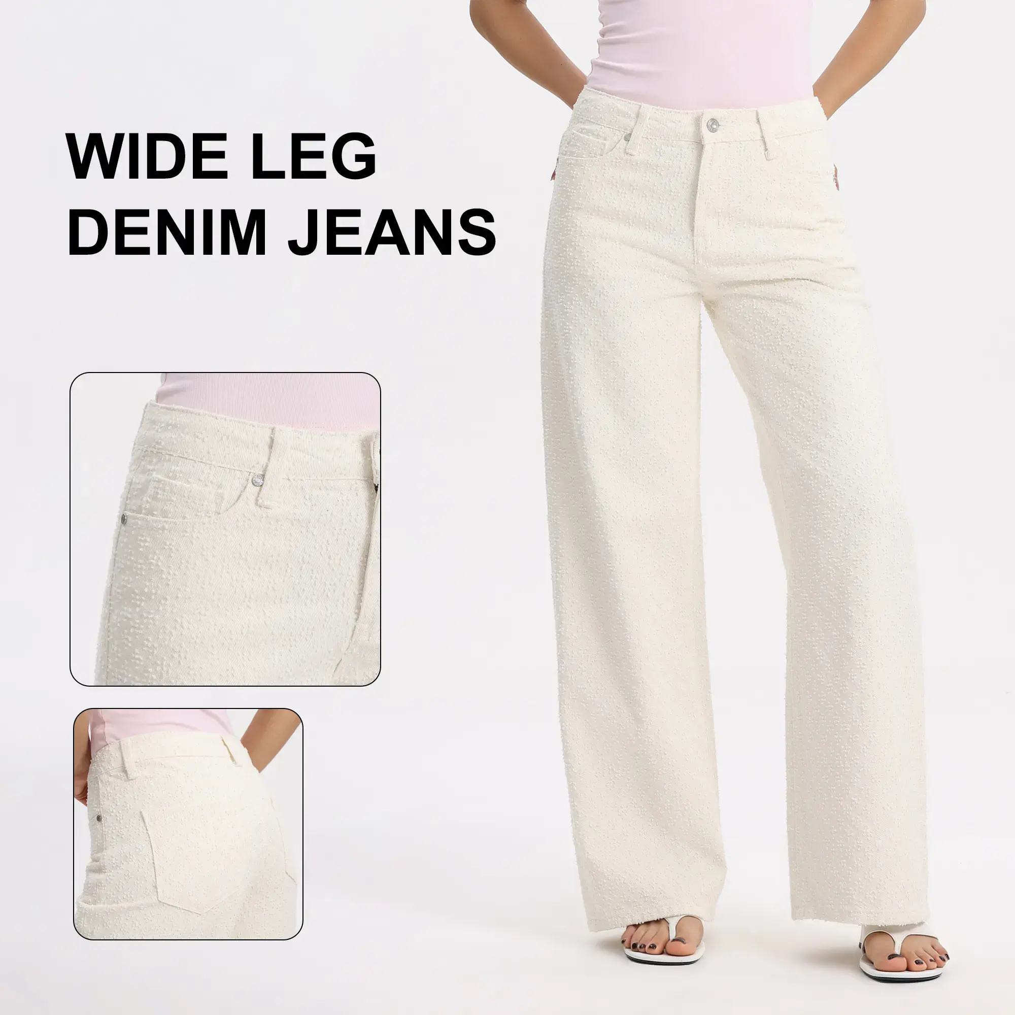ONESO Womens White Sequin Texture Wide Leg Pants High Rise Zipper Closure Dressy Casual Trousers Fashion Bottoms