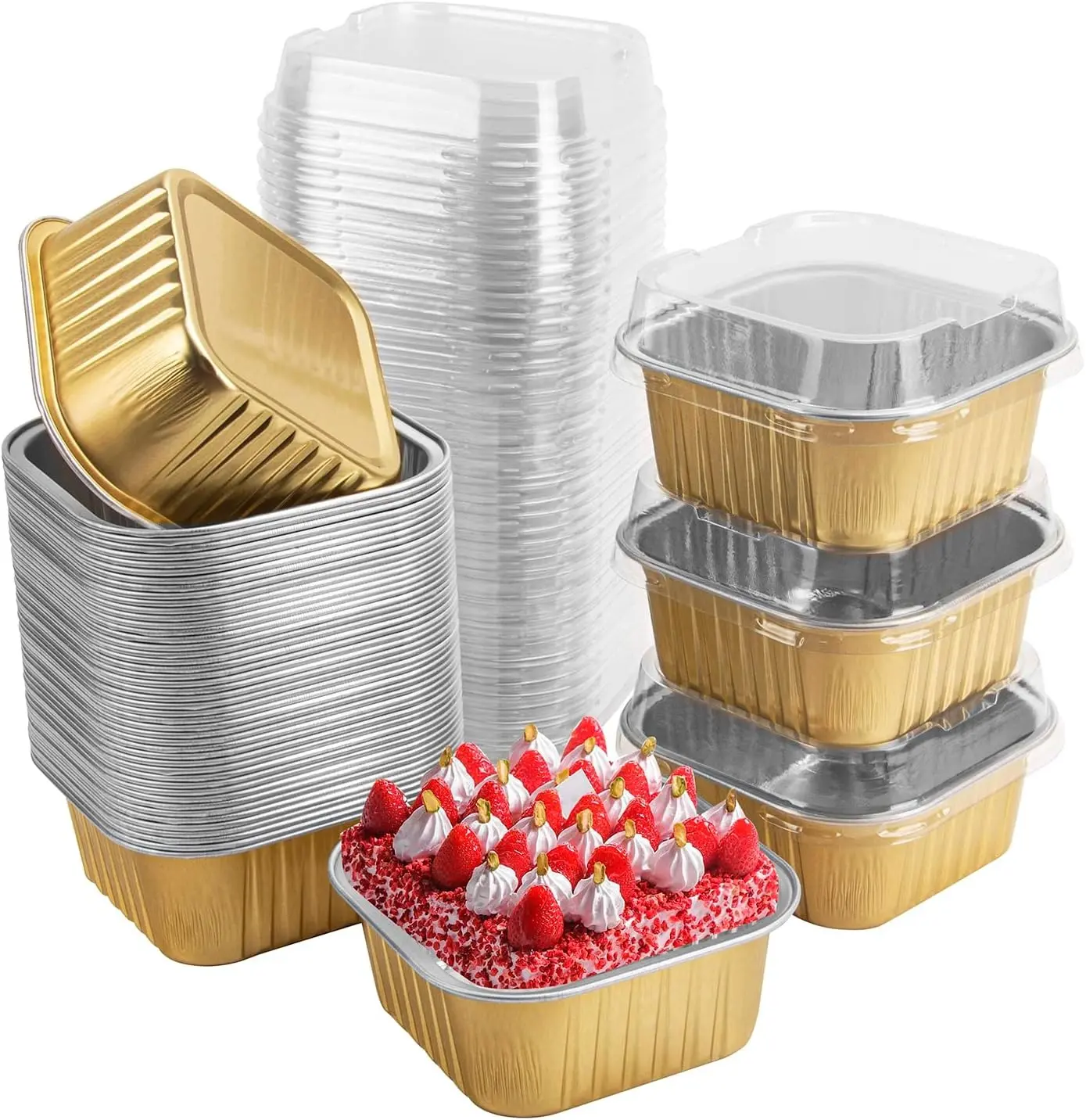 50Pcs Gold Aluminum Foil Mini Cake Pan Set with Lids, Disposable 5oz Square Bakeware, 150ml Portable Dessert Ramekins, Ideal for Wedding, Birthday Party Home Baking & Serving Supplies