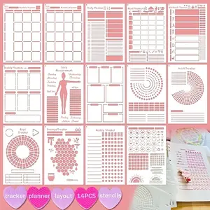 14-Piece Reusable Plastic Tracker & Planner Templates, Ideal for Dot Grid Notebooks, Customizable Layouts for Daily Tracking, Weekly Planner