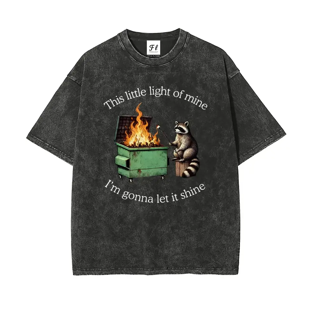 Unisex "This Little Light of Mine I'm Gonna Let It Shine" Raccoon Print Oversize Washed T-Shirt (S-5XL), Short-Sleeve Casual Loose Top, Super Soft Pre-Shrunk Batik Cotton Menswear Clothes, Oversized, Shortsleeve, Round Neck, Tie Dye, All Seasons, Unisex B