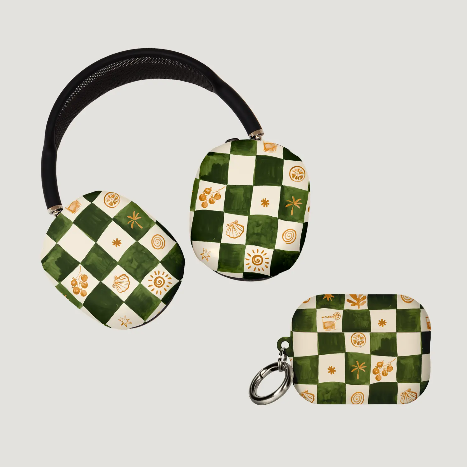 Green Checkered AirPods Case and AirPods Max Cover, Custom Retro Checkerboard Design, Fun Floral Pattern, Trendy Wireless Headphone Protector, Gift for Her