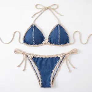 Luna&Lace new style Women Girls Two Piece Bathing Suits Sexy Bikini，Made of knitted denim, decorated with precious shells Soft ttexture,Swimsuit,Swimming Clothing,  Vacation Swimwear, SwimWeek summervibes,Fashionable thin-string triangular swimsuit set