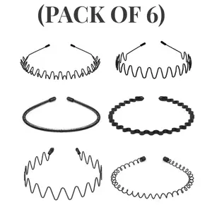 6PCS Metal Hair Bands, Spring Wavy Hoop Unisex Black Headband Slicked Back Non Slip Sports Hairband for Women Men