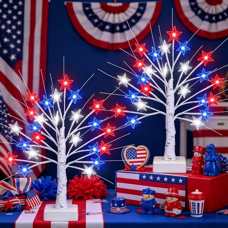 1/2 pcs July 4 Independence Day tree lights, equipped with red, white, blue star decorative lights, 8 flashing modes, USB and AA batteries are all powered, easy to carry, suitable for party atmosphere decoration, Party Decoration Supplies, Led Lighted
