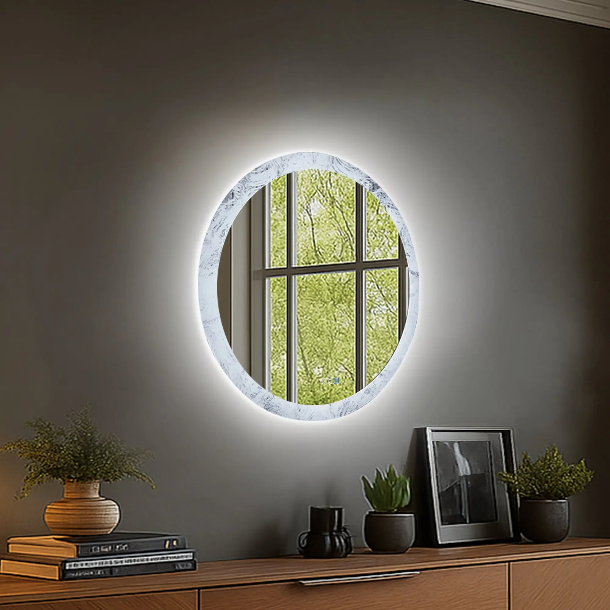 Glacy Series 30" x 30" Round LED Bathroom Mirror – Ice Textures Edge, Smart Dimming, Defogger, ETL Certified