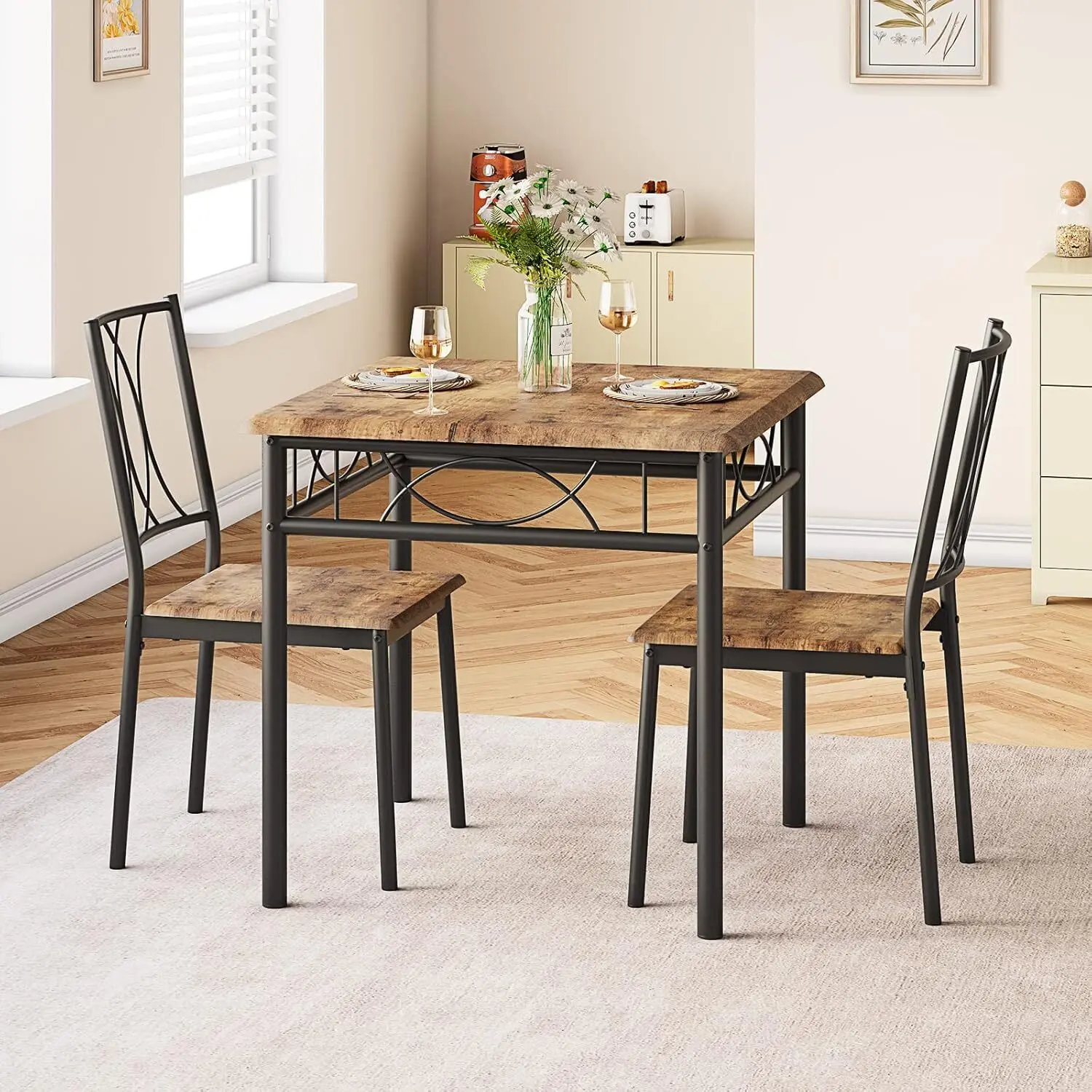 Kitchen Dining Room Table Sets for 2, 3-Piece Metal and Wood Dining Table Set for 2, Rectangular Kitchen Breakfast Nook Table with 2 Chairs, Retro Brown Rustic Modern Indoor Dinette Furniture