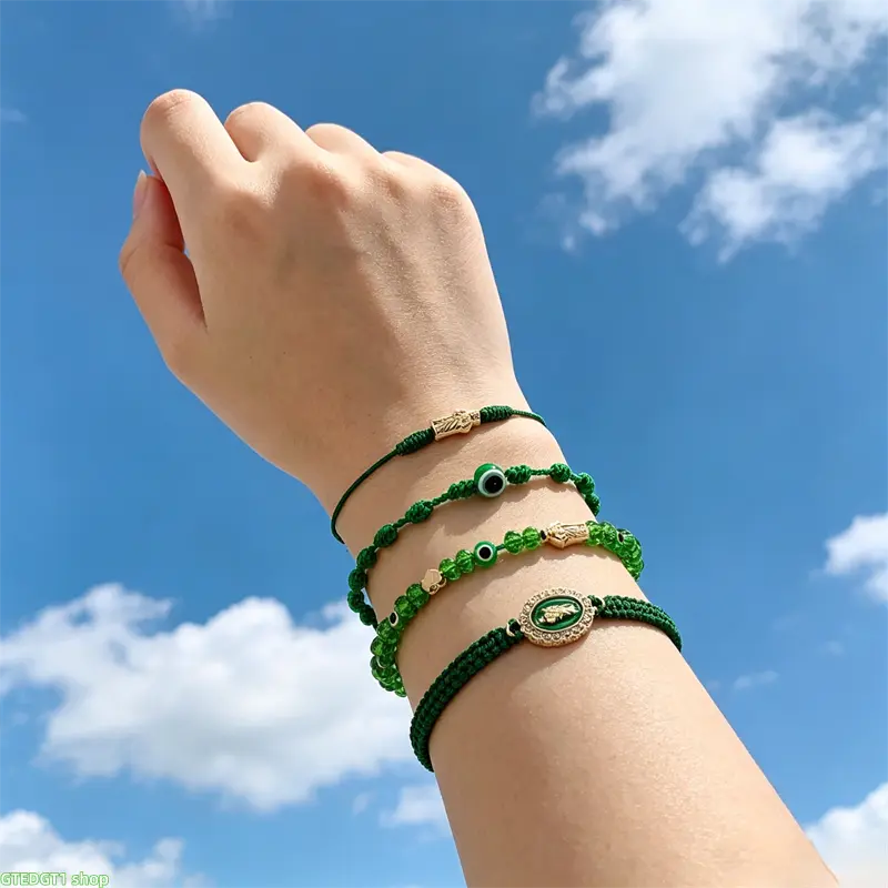 Woven Rope Wristbands for Female, 2-Pack Handmade Braided Stackable Sets with Virgin Mary, Cross & Evil Eye Charmed Beads, Adjustable Slide Knot