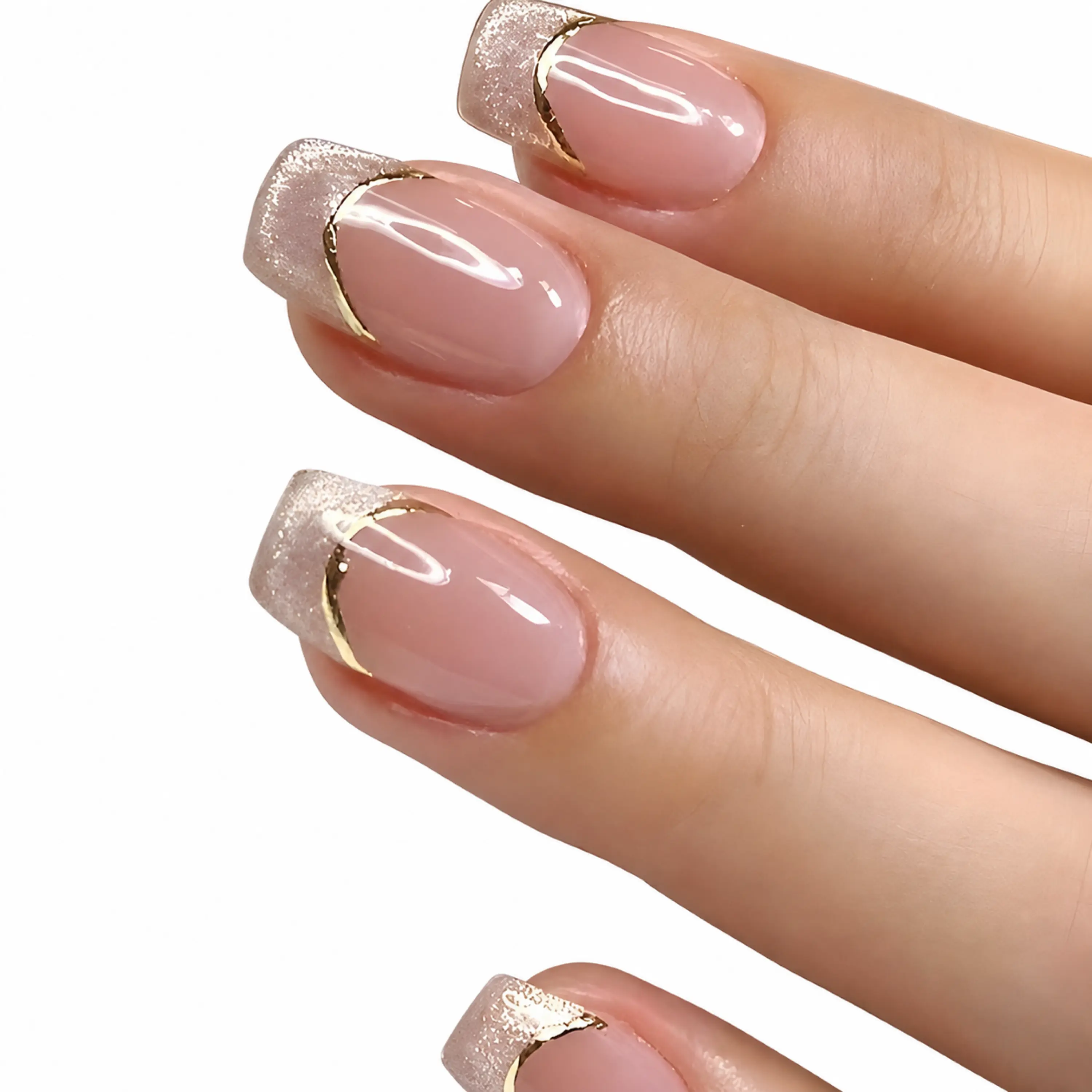 Press-on Nails Manicure Kit - "Hot Girl" Y2K Style Square-Oval, Gold Rim French, Pink Ombré & Cat-Eye, Cutics-Friendly Ready-to-Wear Nail Art Set