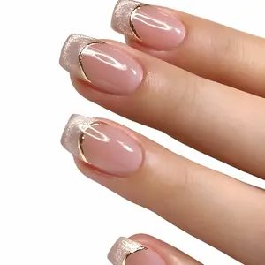 Press-on Nails Manicure Kit - "Hot Girl" Y2K Style Square-Oval, Gold Rim French, Pink Ombré & Cat-Eye, Cutics-Friendly Ready-to-Wear Nail Art Set