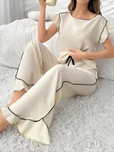 Women's Round Neck Comfortable Sleepwear Set, Autumn New High-End Patchwork Color Block Home Clothes, Casual Fitted Style Pajamas