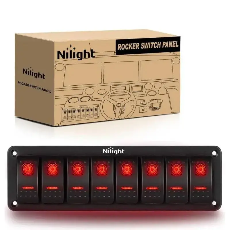 Nilight 8-Gang Aluminum 5-Pin Red Backlit Rocker Multi-Switch Panel - Hard-Wired Switchboard with Non-Smart Cord Switches, Single Pole for 12v-24vdc RV/Cars Electrical Systems, 9in x 2.7in x 2.6in (DIY Stickers Compatible), Multi-Switch Panel Cord Switche