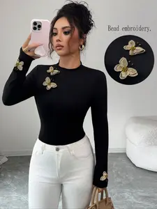 Elegant Slim-Fit Knitted Top, Elastic Comfort Butterfly Embroidery Sweater, Perfect for Daily Wear and Commuting Womenswear