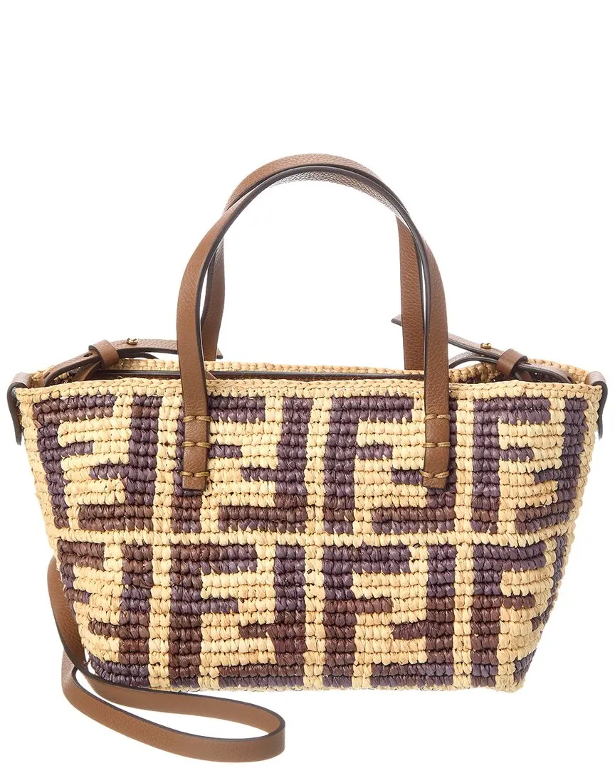 FENDI Roll Mini FF Raffia & Leather Tote