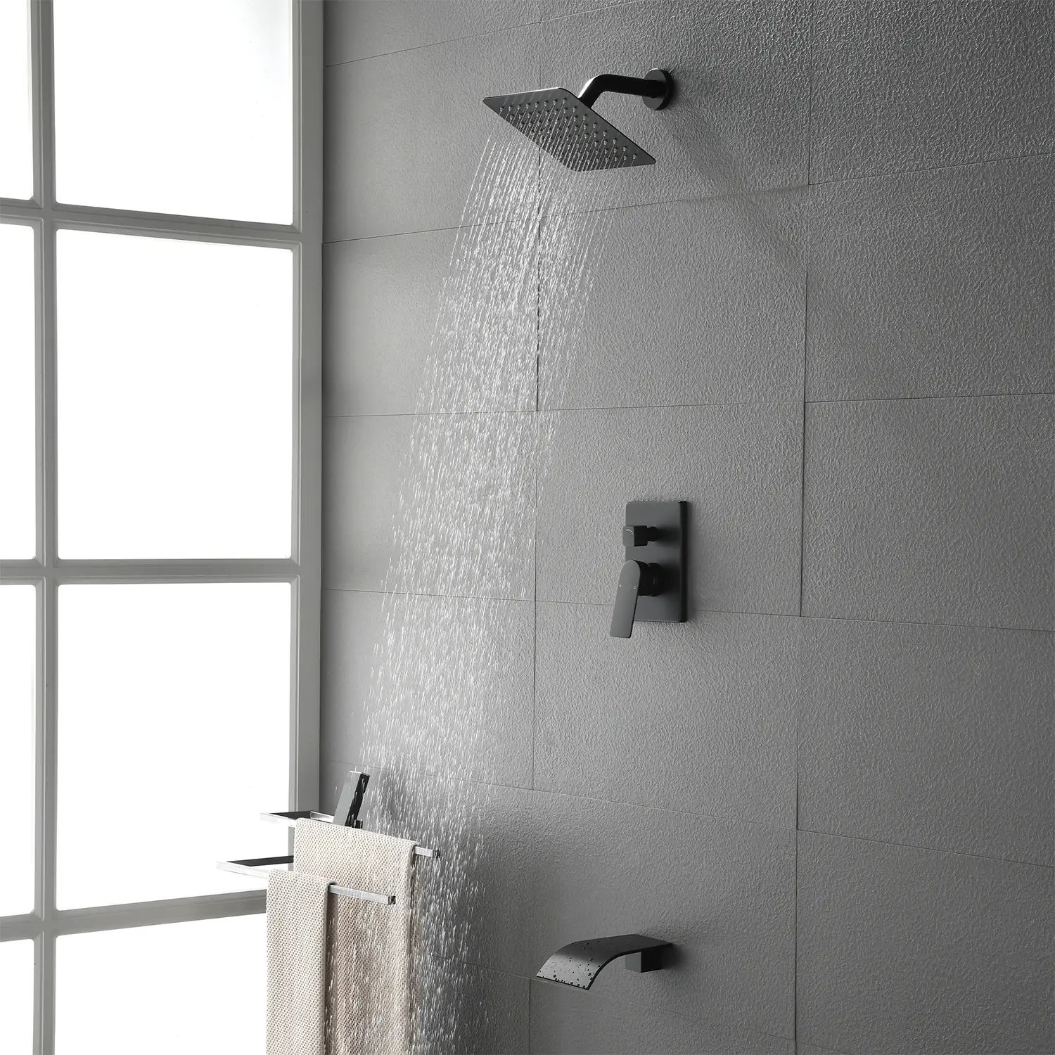 2-Way Rainfall Shower System with 8-Inch Square Shower Head & Waterfall Tub Spout – Matte Black, Brushed Nickel, Brushed Gold
