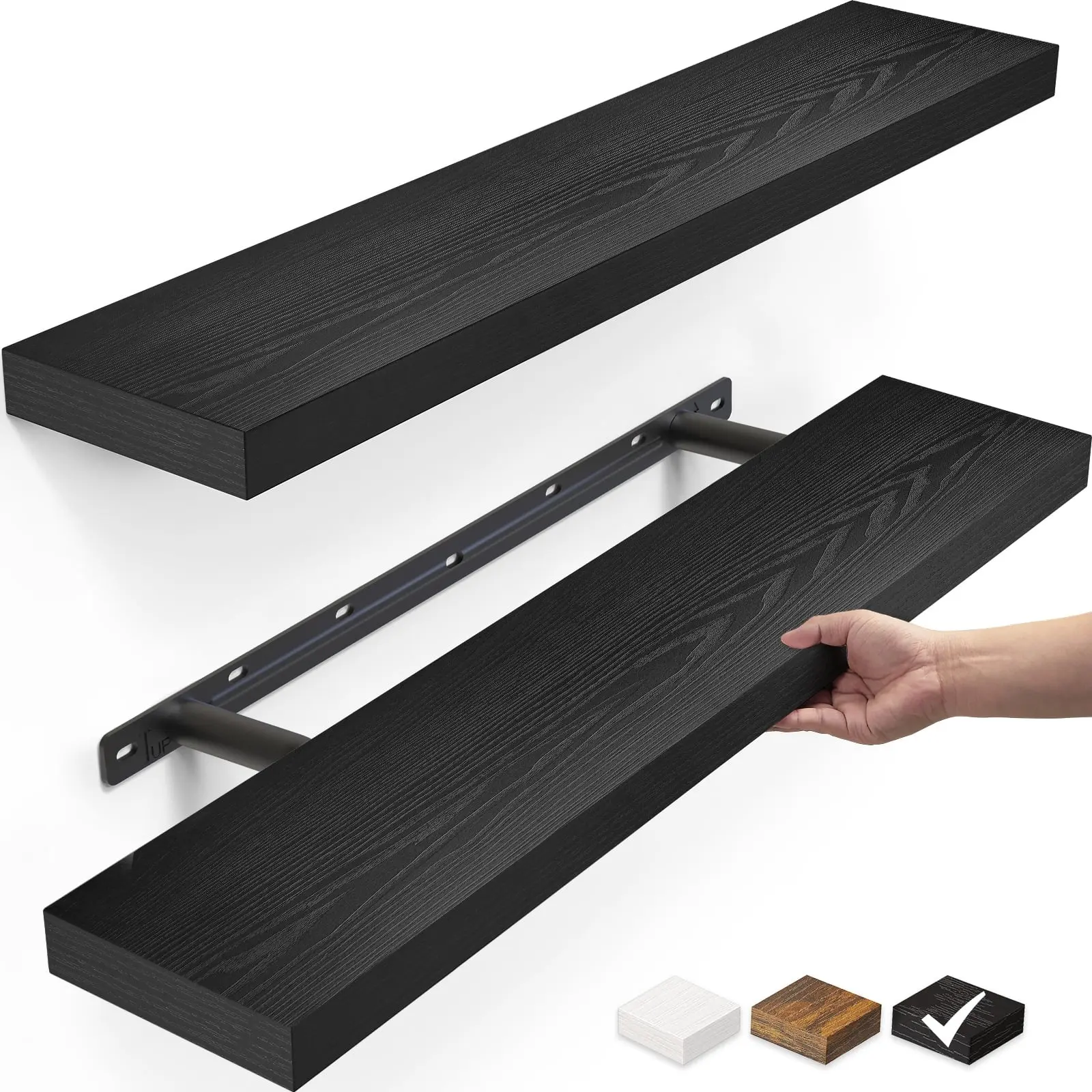 22.5 inch 2 Pack Wood Floating Shelves, Hanging Float Shelf for Wall Mounted Decorative Shelves, 6.7 x 23 Inch, Set of 2, Black