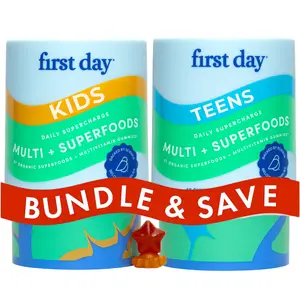 Bundle of FIRST DAY Kids Essential Multivitamin Gummies and FIRST DAY Teens Daily Kickstart Multivitamin Gummies for Teen Boy and Girls Ages 12-17 - Edible Gummy Dietary Vitamins - Organic - No Fillers, Gums, Added Sugars - "No Junk" - Daily Supplement