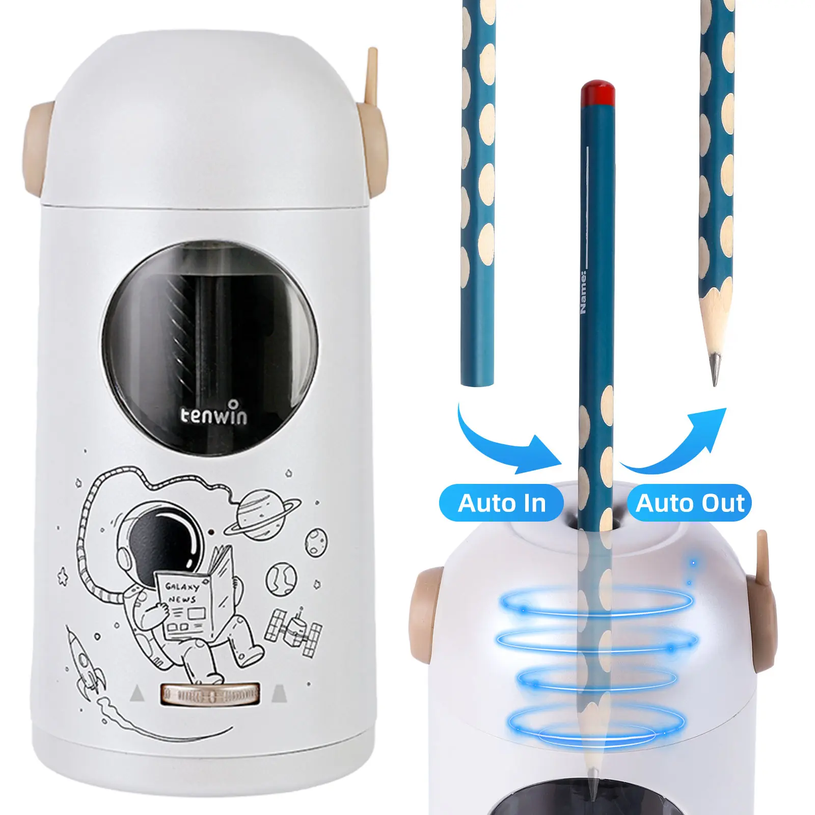 tenwin Fully Automatic Electric Pencil Sharpener with Durable Blade, Rechargeable No-Touch Design, Shavings Management, 7-11.5mm Colored Pencil Compatibility, Office Stationery, Ideal for Home & Classroom, Back to School Shopping, School Supplies Haul