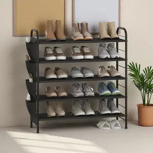 SUOERNUO 5 Tier Standing Metal Shoe Rack Organizer - Compact with Side Bag for Bedroom, Closet, Entryway