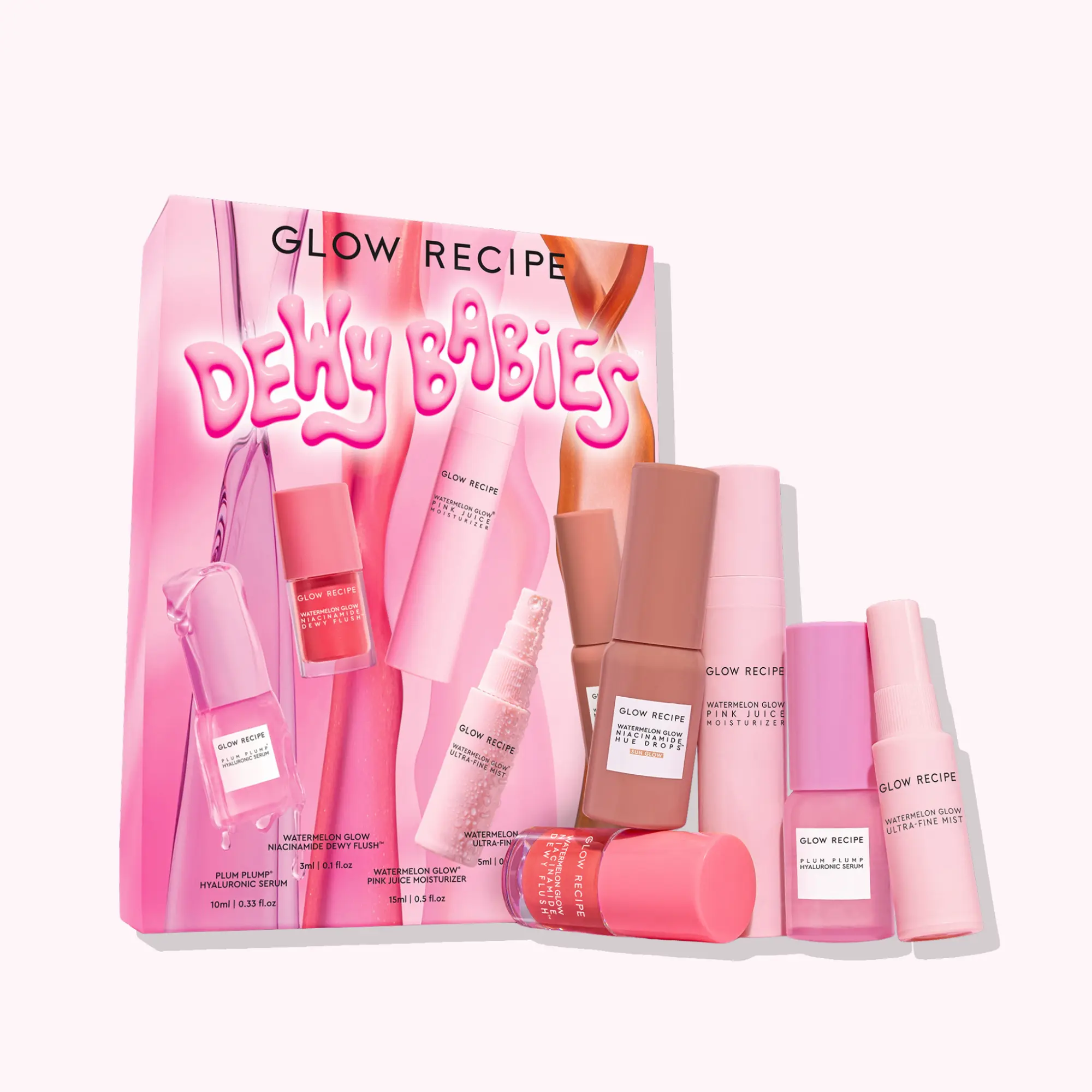 Glow Recipe Dewy Babies Korean Skin Care Set - Watermelon Moisturizer, Hyaluronic Acid, Tinted Serum, Travel Routine Kit for Glow Up Self Care Kit Bundle