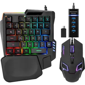 One Handed Half Keyboard Mouse USB Spilitter Type-C Adapter Gaming Combo with RGB LED Backlit 7200DPI CPI Customize 4 Port Adapter Mini Size Small Wired Set for LOL/Wow/fortnite/Dota/PUBG