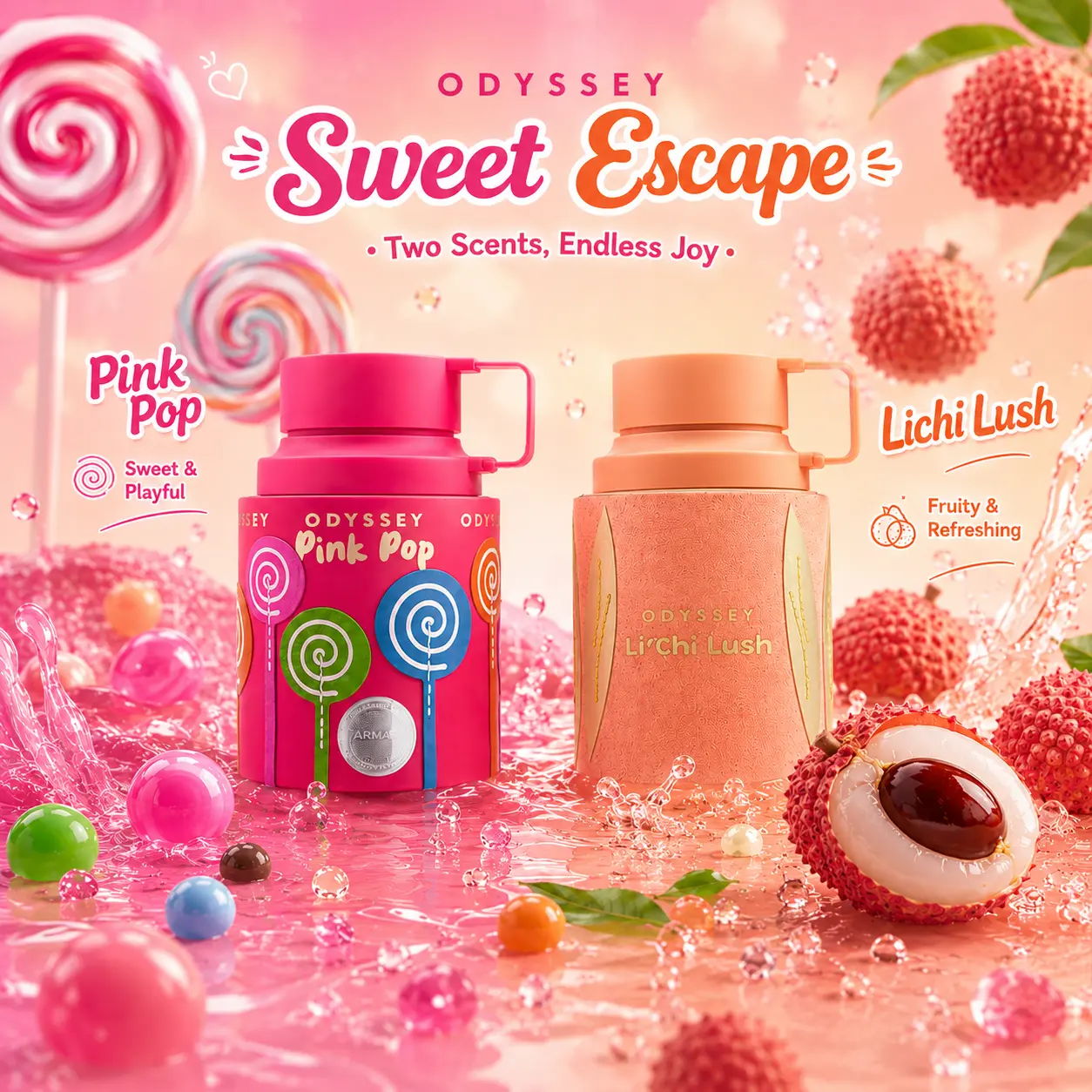 ODYSSEY Sweet Escape -- ARMAF Odyssey Pink Pop Eau de Parfum 3.4 oz & ARMAF Odyssey Li'Chi Lush Eau de Parfume 3.4 oz
