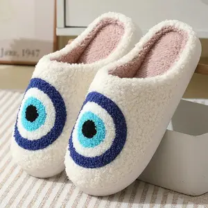 Women's Evil Eye Fuzzy Round Toe Memory Foam Slippers winter soft slippers