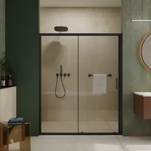 60.in W x 72.in H Single Sliding Shower Door, 1/5 inch Thick Clear Tempered Glass Shower Door with Stainless Steel Handle, Black    RR