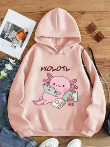 Girl's Cartoon Salamander & Letter Print Drop Shoulder Hoodie, Hoodie Letter Logo, Cute Casual Long Sleeve Hooded Sweatshirt for Daily Holiday Outdoor Wear, Girls Clothing for Fall & Winter