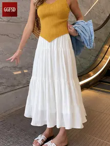 High Waist Midi Bottom Skirt for Women, Elegant Chic Casual Minimalist Aesthetic Shirred Design in Cream Color, Loose-Fitting A-Line Half Skirt for Spring & Summer Fashion, Womenswear, Outfits