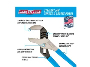 Channellock 10" Straight Jaw Tongue and Groove Plier 430 - High-Carbon Steel, Blue Grips