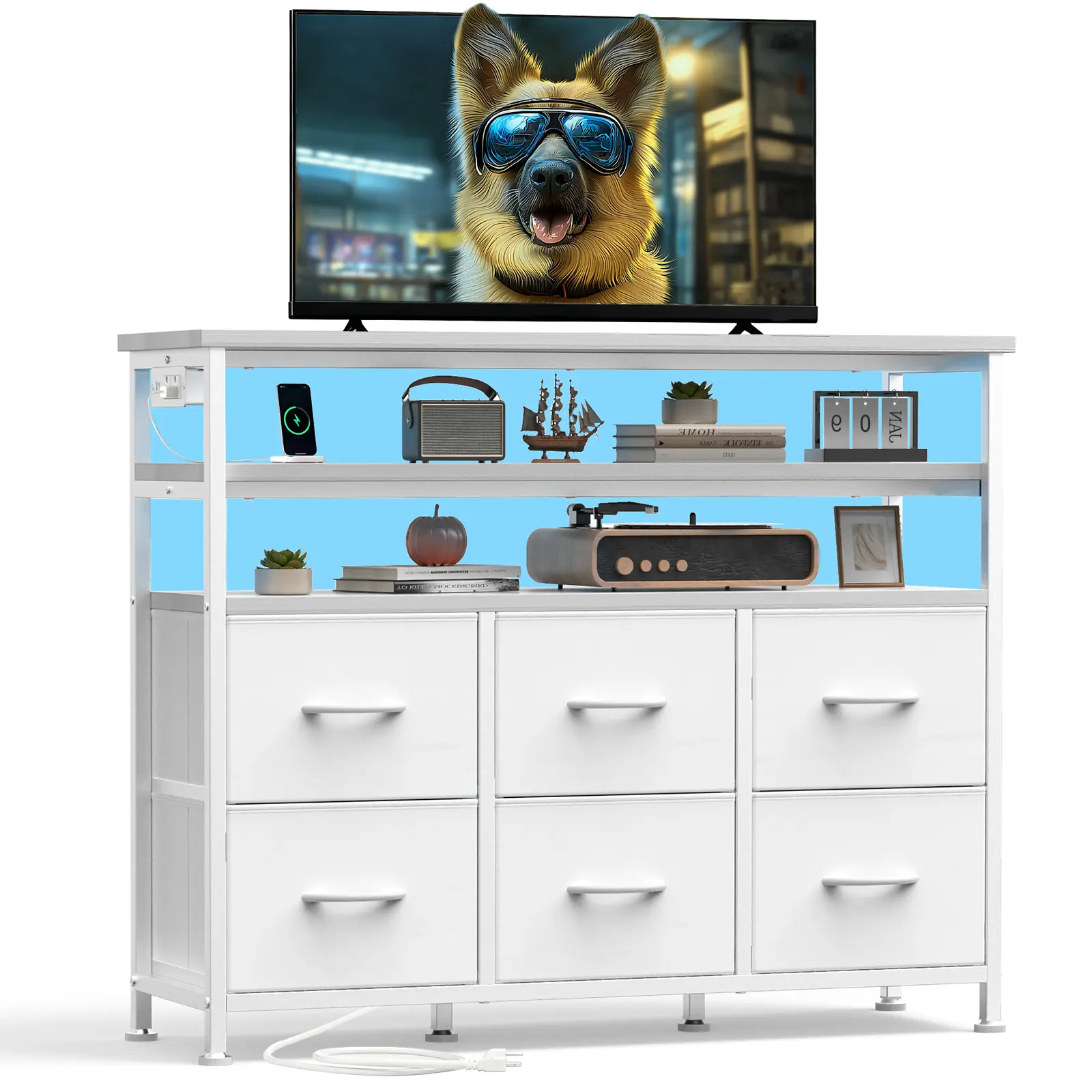 6-Drawer Fabric Drawer Dresser - Modern Space Saving Storage Cabinet with Power Outlets, LED Light, TV Console Cabinet for Bedroom, Living Room, Storage Cabinets