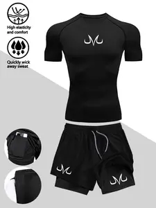 Men's Slim-Fit Two-Piece Set: Short-Sleeve Top + Double-Layer Shorts | Lightweight Crew-Neck Athletic T-Shirt (with "M" Print) for Indoor & Outdoor Wear, and Quick-Drying Double-Layer Sports Shorts—Ideal for Fitness, Running, Hiking, and Soccer Training