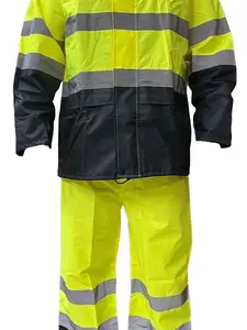 2 PC Yellow Safety RainSuit, Rain Jacket With Hoodie and Rain Pants