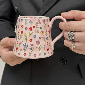 Floral Pattern Coffee Mug, Large Capacity Ceramic Cup, Hand Painted Coffee Cup, Drinking Cup for Home Office Use, Drinkware, Ceramic Tea Cup