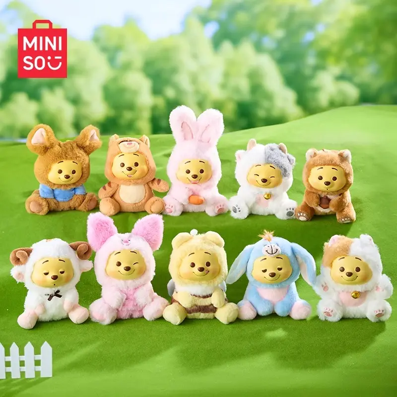 MINISO Winnie the Pooh Playful Party Series Soft Plush Keychain Figurines - Whimsical Pooh Party Vibe, Comfy to Hold Soft Vinyl, Blind Bag Figurines, Statues & Bobbleheads, Backpack Charms, Mystery Blind Box Gifts for Kids, #Summervibes