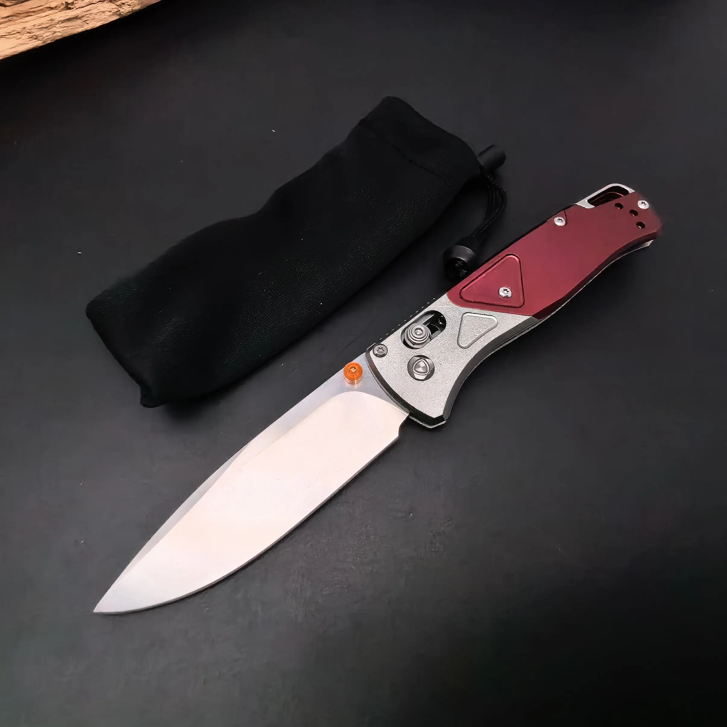 EDC Pocket AXIS Folding Knife 535-09 - 3.24-in (8.23cm) S90V Stone-Washed Point Steel Blade, Gray Aluminum Handle with Red G10, Ideal for Adults for Fighting, Whittling, Carving, Compact, Peeling, Bushcrafting, Centimeters