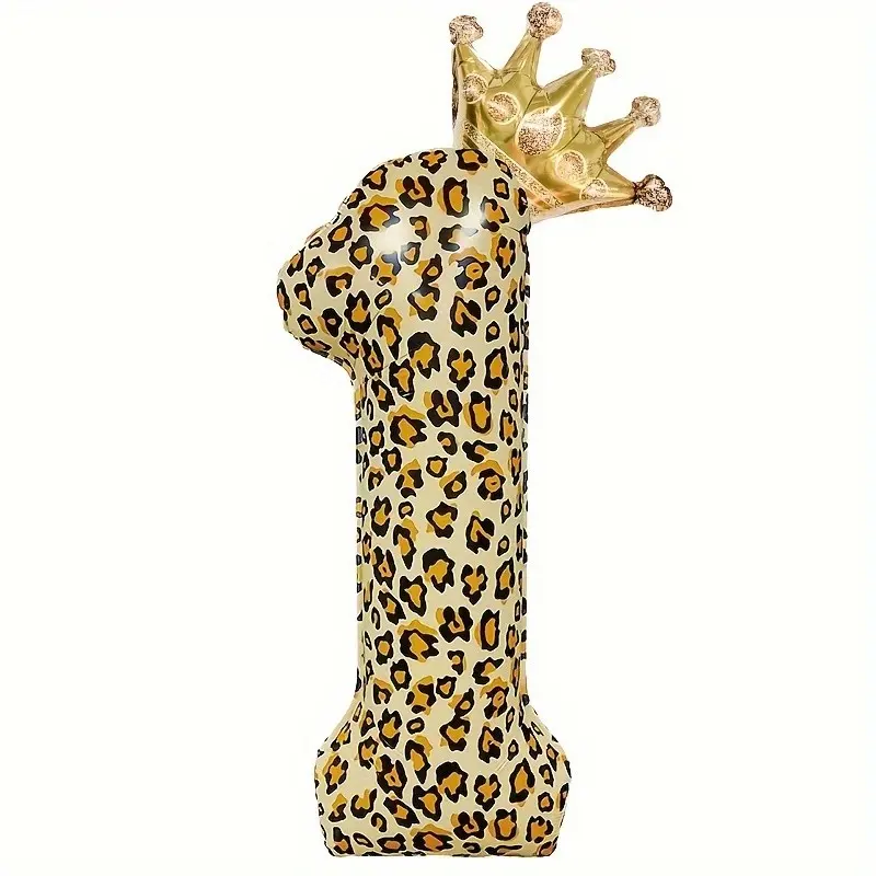 40 Inch Leopard Print Number Balloon with Mini Gold Crown, Large Animal Print Foil Mylar Balloon for Safari Birthday Party Decorations, Animal Print Balloons